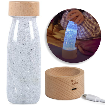 Petit Boum, ZESTAW Lampka sensoryczna LED Magic Light Base + butelka przepływowa FLOAT Srebrna SILVER